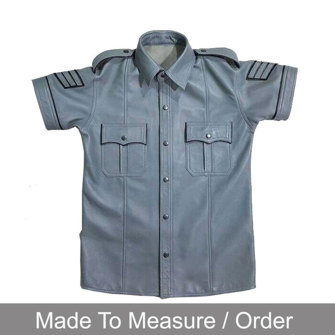 Men’s Grey Leather Police Shirt – Short Sleeve with Black Piping