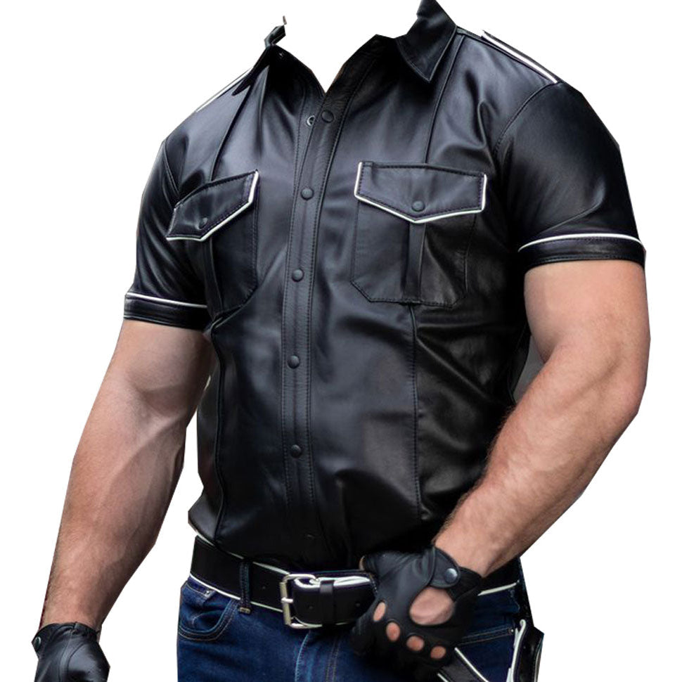 Men’s Lamb Leather Police Shirt – Short Sleeve with White Piping