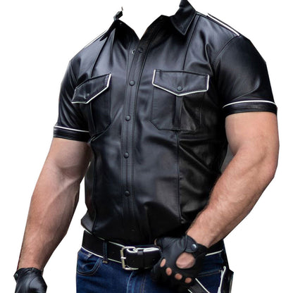 Men’s Lamb Leather Police Shirt – Short Sleeve with White Piping