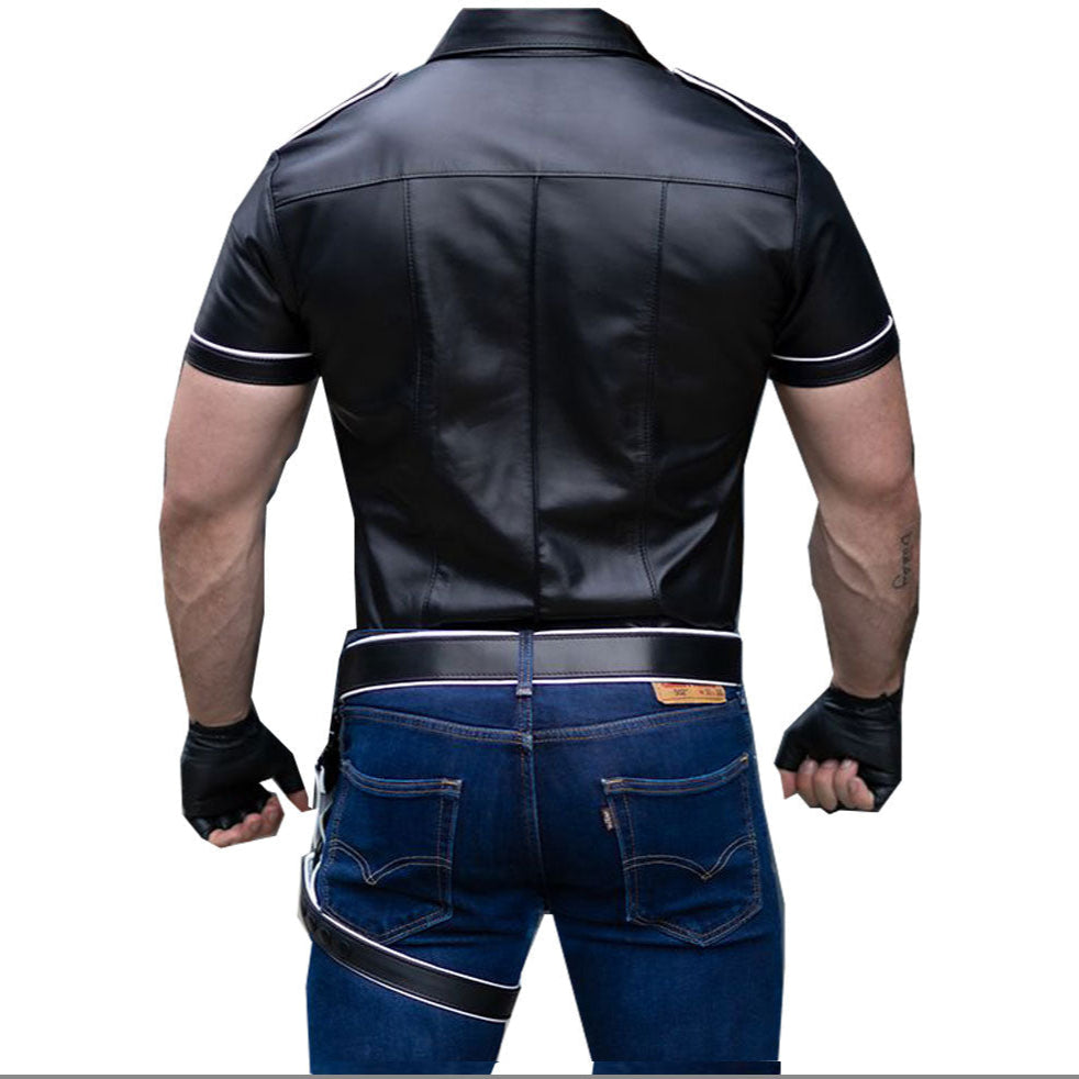 Men’s Lamb Leather Police Shirt – Short Sleeve with White Piping