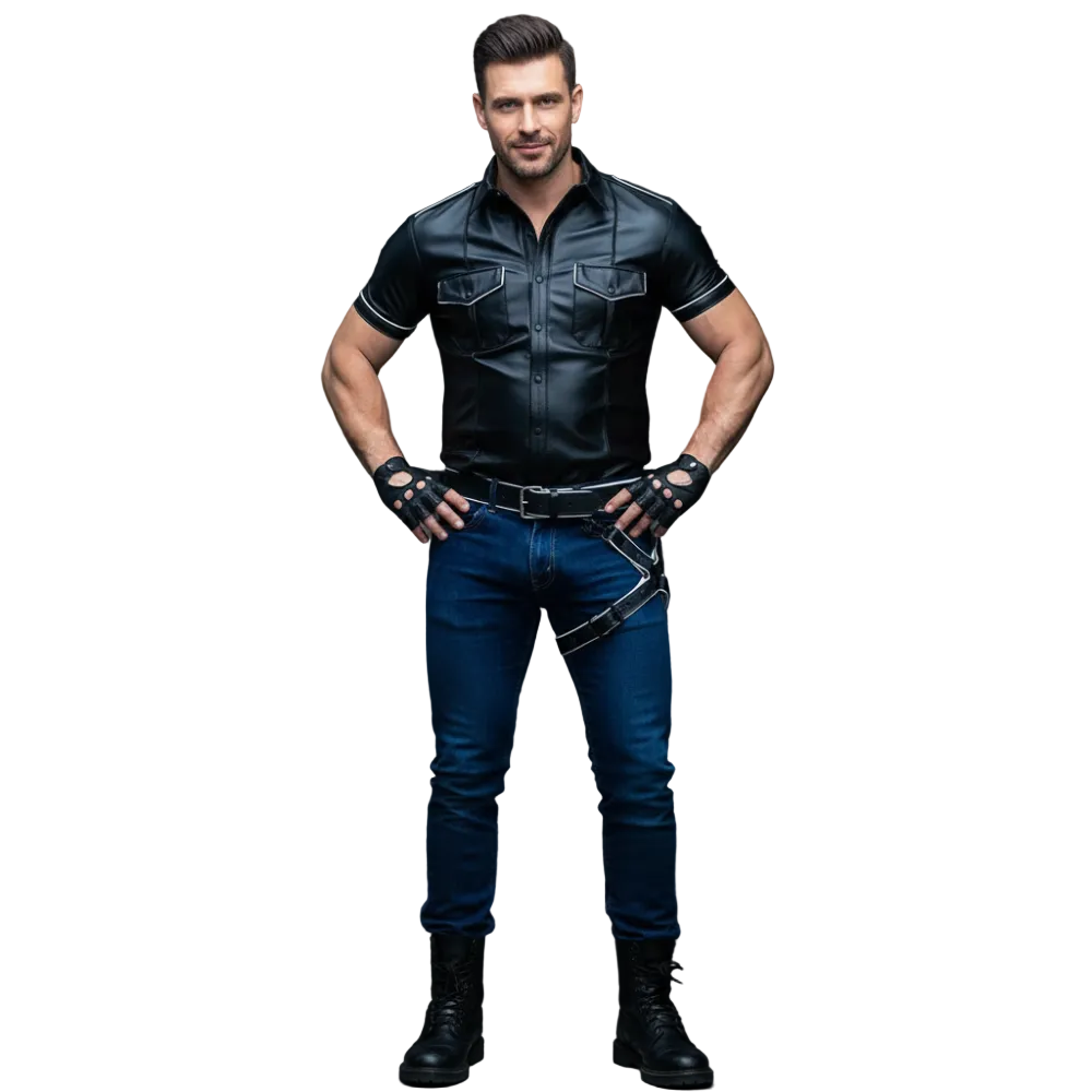 Men’s Lamb Leather Police Shirt – Short Sleeve with White Piping