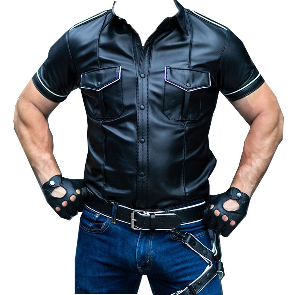 Men’s Lamb Leather Police Shirt – Short Sleeve with White Piping