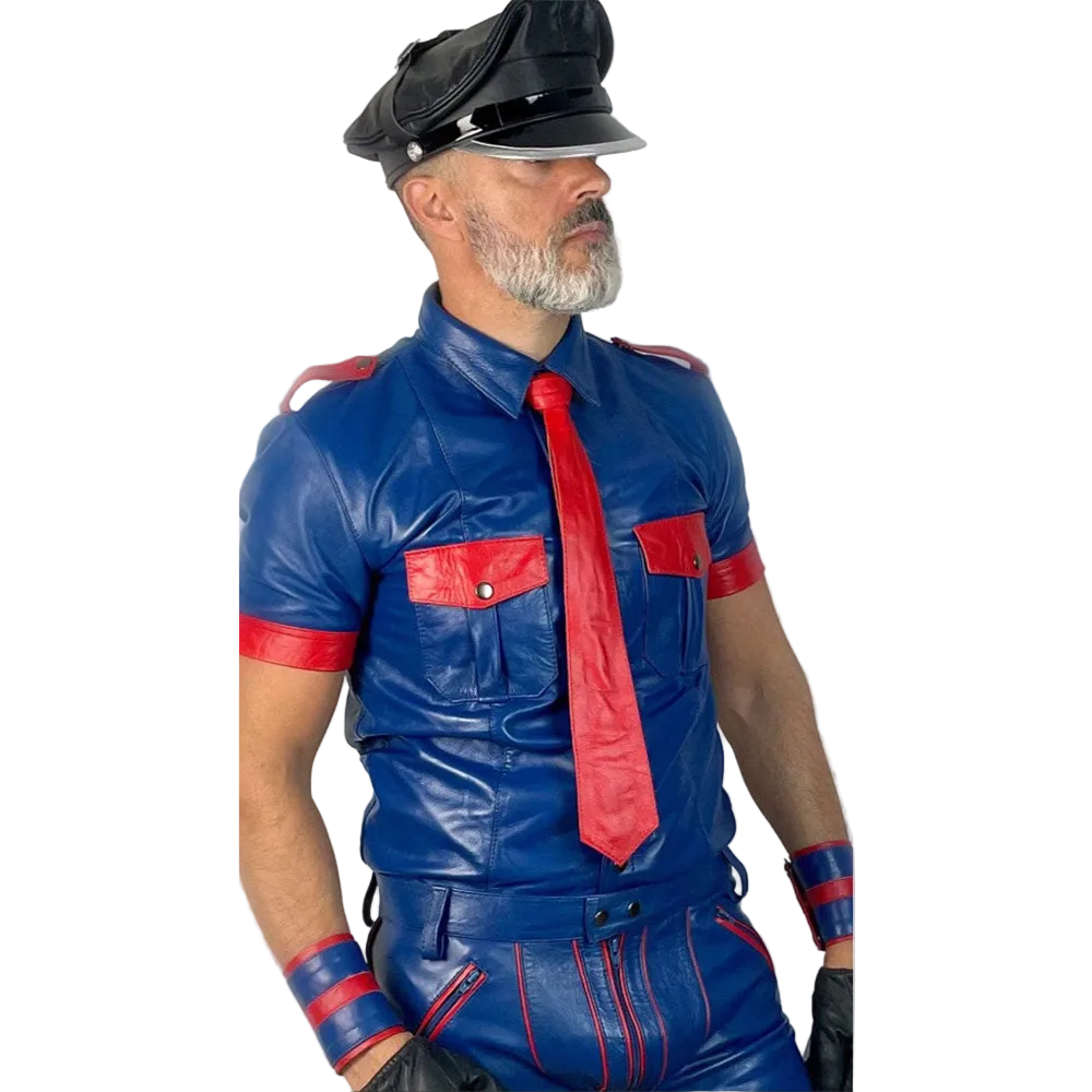 Men’s BLUF Cowhide Leather Police Shirt with Red Piping