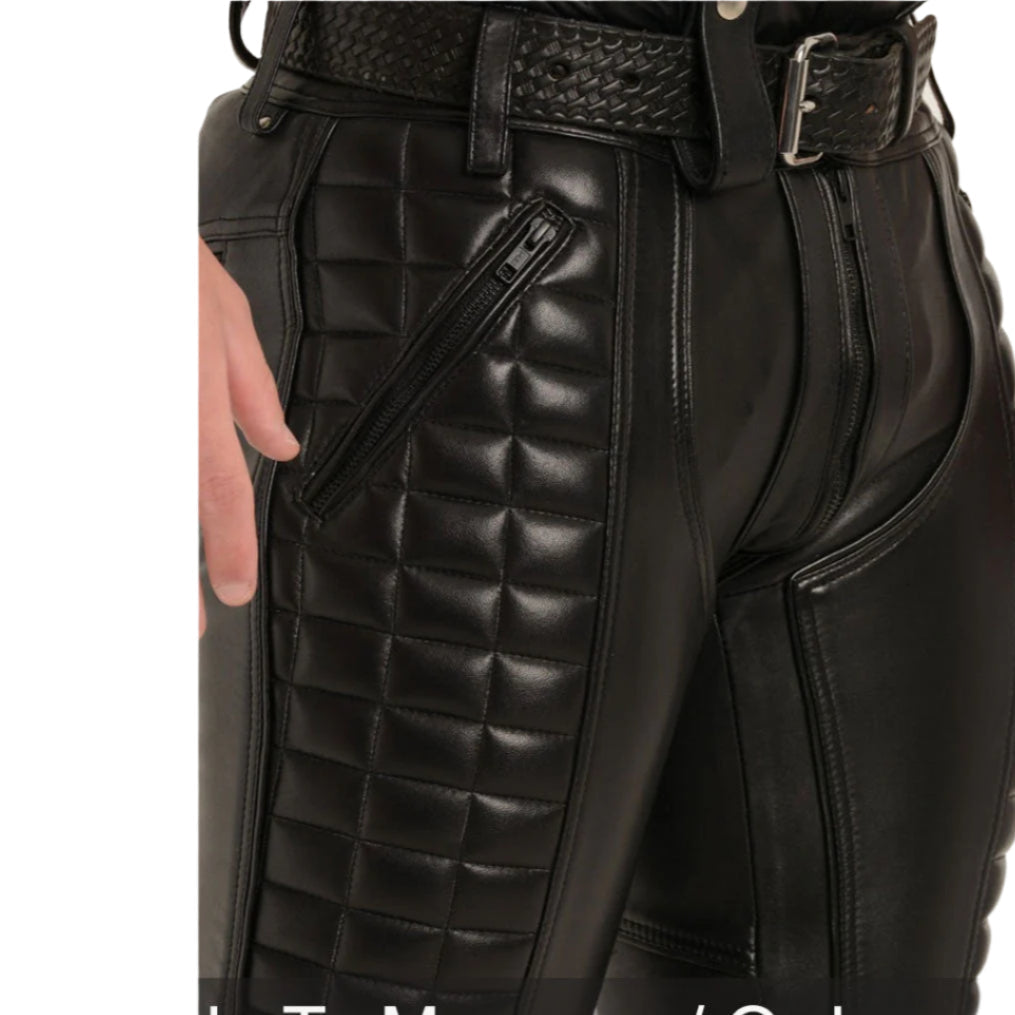 Genuine Cowhide Leather BLUF Biker Pants with Quilted Panels