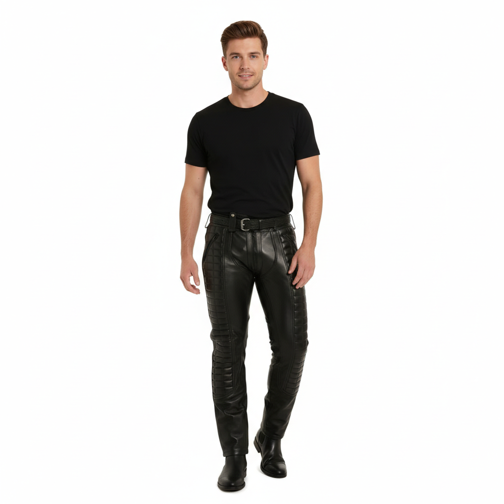 Genuine Cowhide Leather BLUF Biker Pants with Quilted Panels