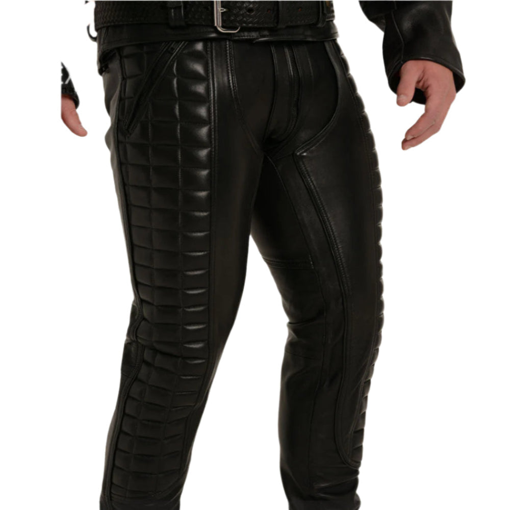 A pair of black genuine cowhide leather biker pants with quilted panels, featuring a front view with a focus on the texture and fit.