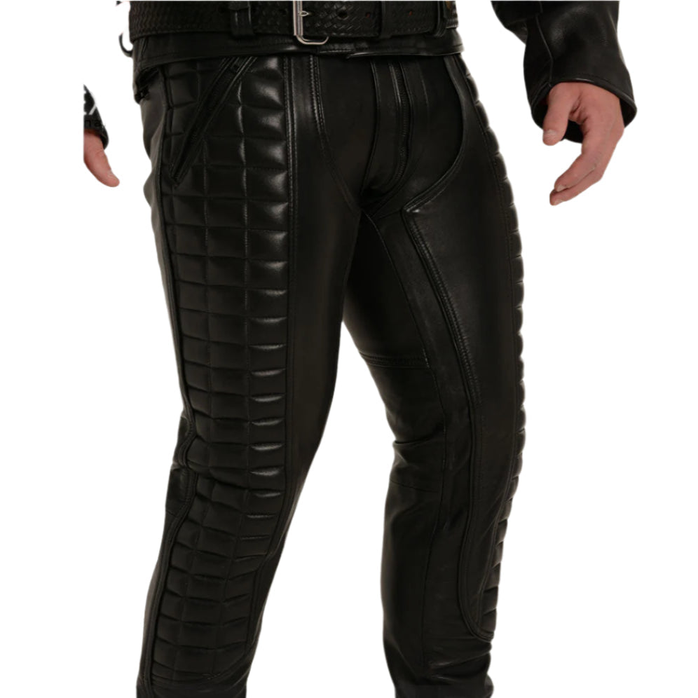 Genuine Cowhide Leather BLUF Biker Pants with Quilted Panels