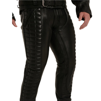 Genuine Cowhide Leather BLUF Biker Pants with Quilted Panels