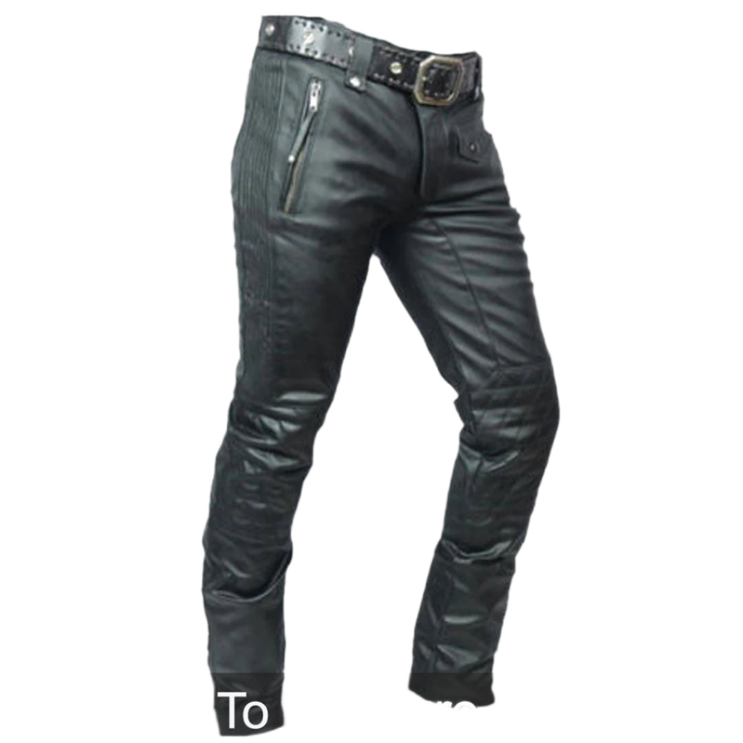 Men’s Cowhide Leather Biker Pants – Quilted Panels & Zip Ankle Closures