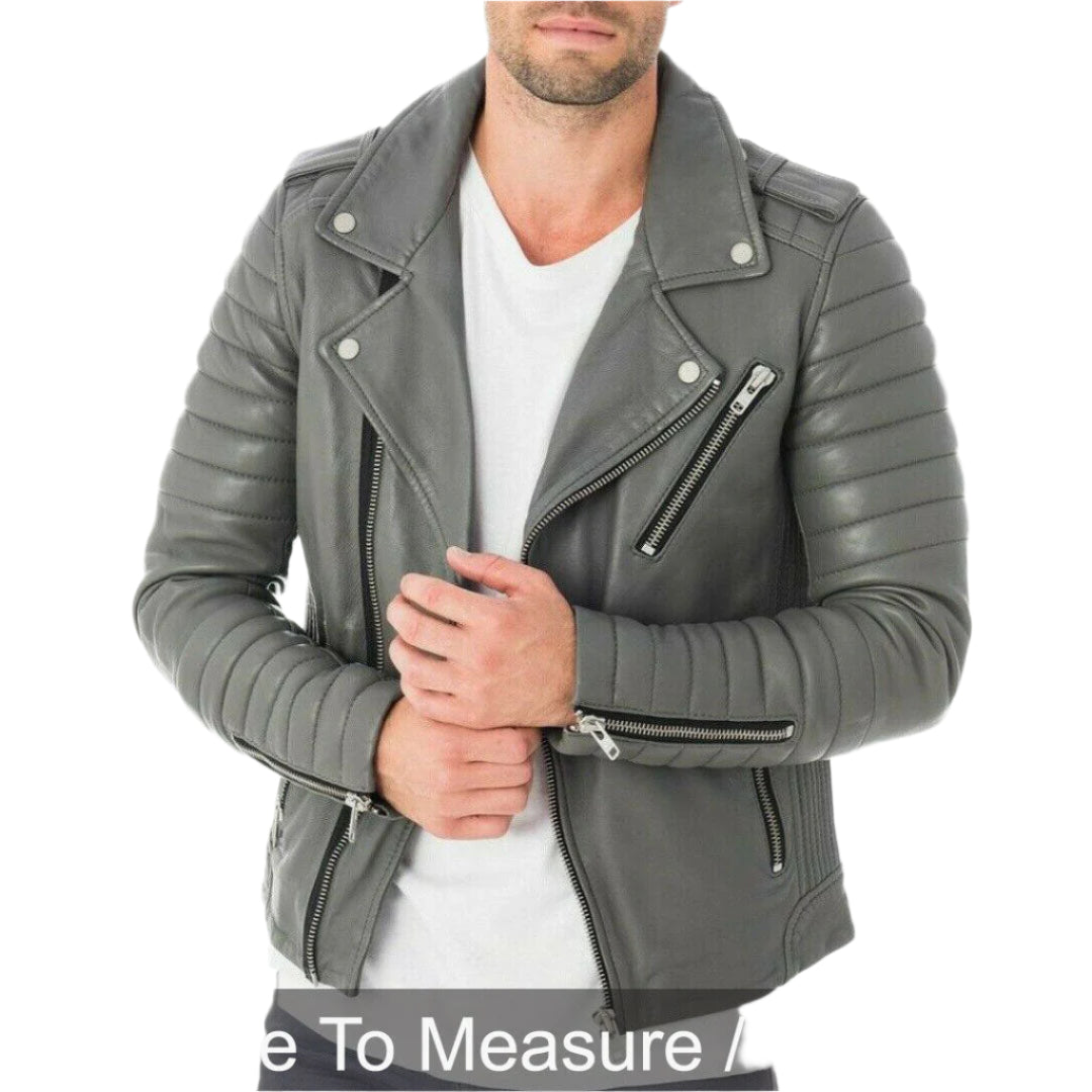 Men’s Grey Quilted Cowhide Leather Biker Jacket – Brando Style