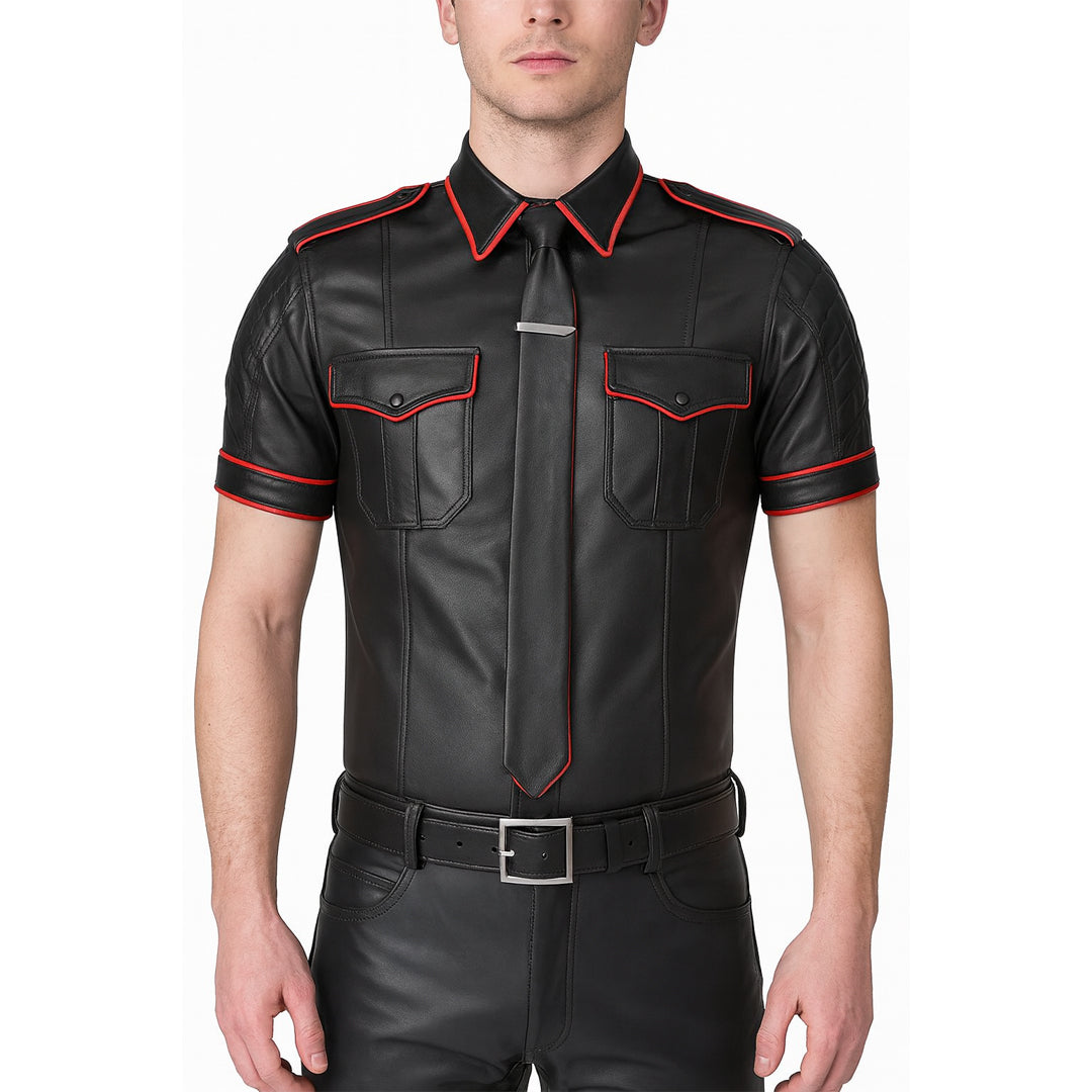 Men’s Leather Quilted Pants with Police Shirt & Tie Set