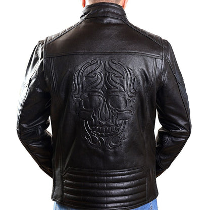 Men’s Cow Leather Quilted Biker Jacket – Embossed Skull Design, YKK Zips