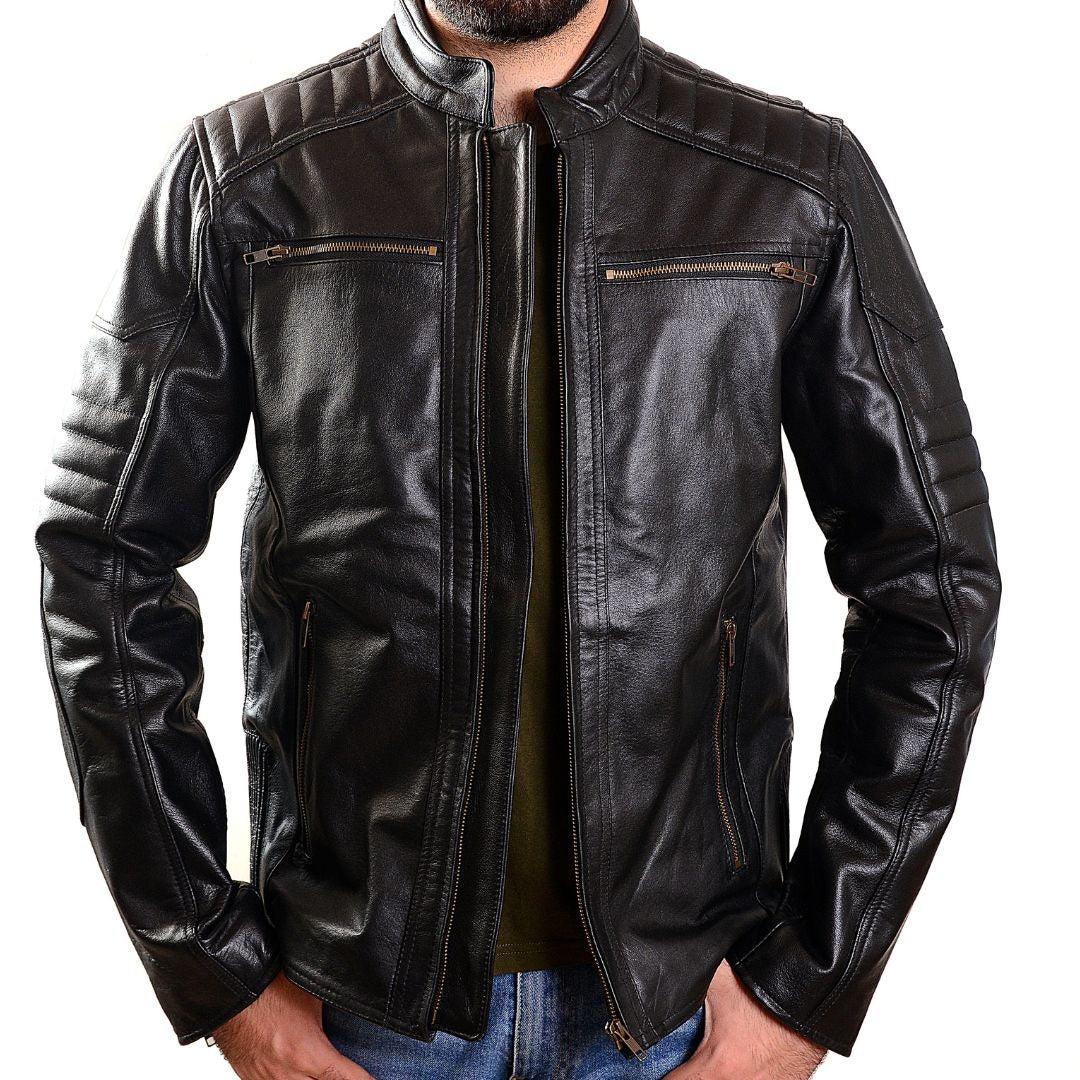 Men’s Cow Leather Quilted Biker Jacket – Embossed Skull Design, YKK Zips