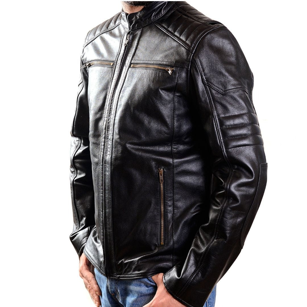 Men’s Cow Leather Quilted Biker Jacket – Embossed Skull Design, YKK Zips