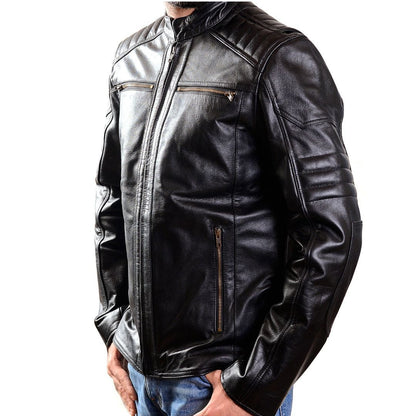 Men’s Cow Leather Quilted Biker Jacket – Embossed Skull Design, YKK Zips