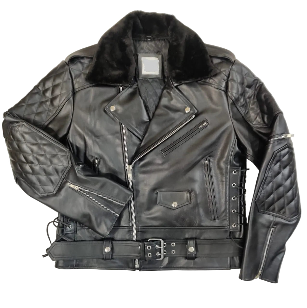 Men’s Quilted Leather Biker Jacket – Removable Fur Collar, Brando Style