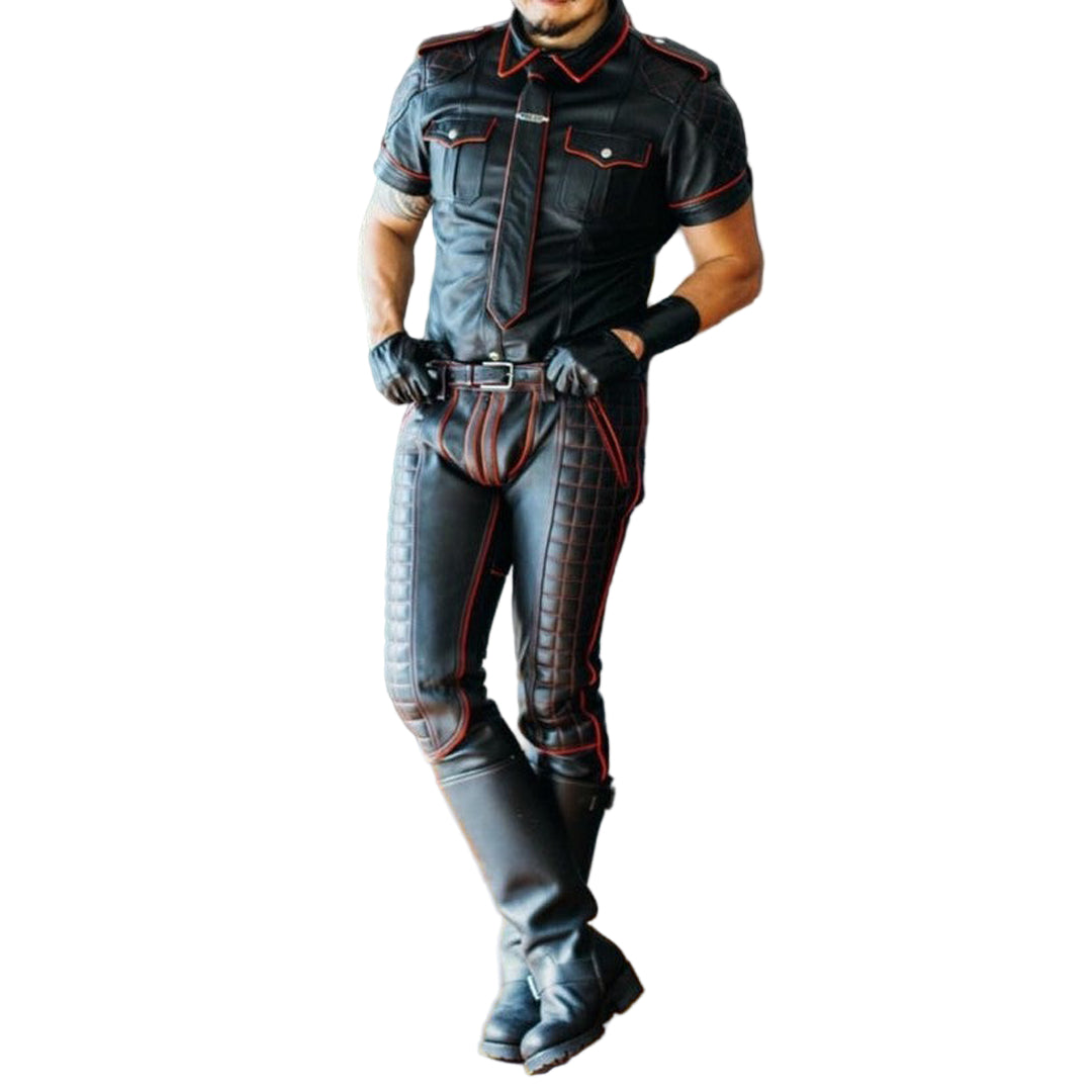 Men’s Leather Quilted Pants with Police Shirt & Tie Set