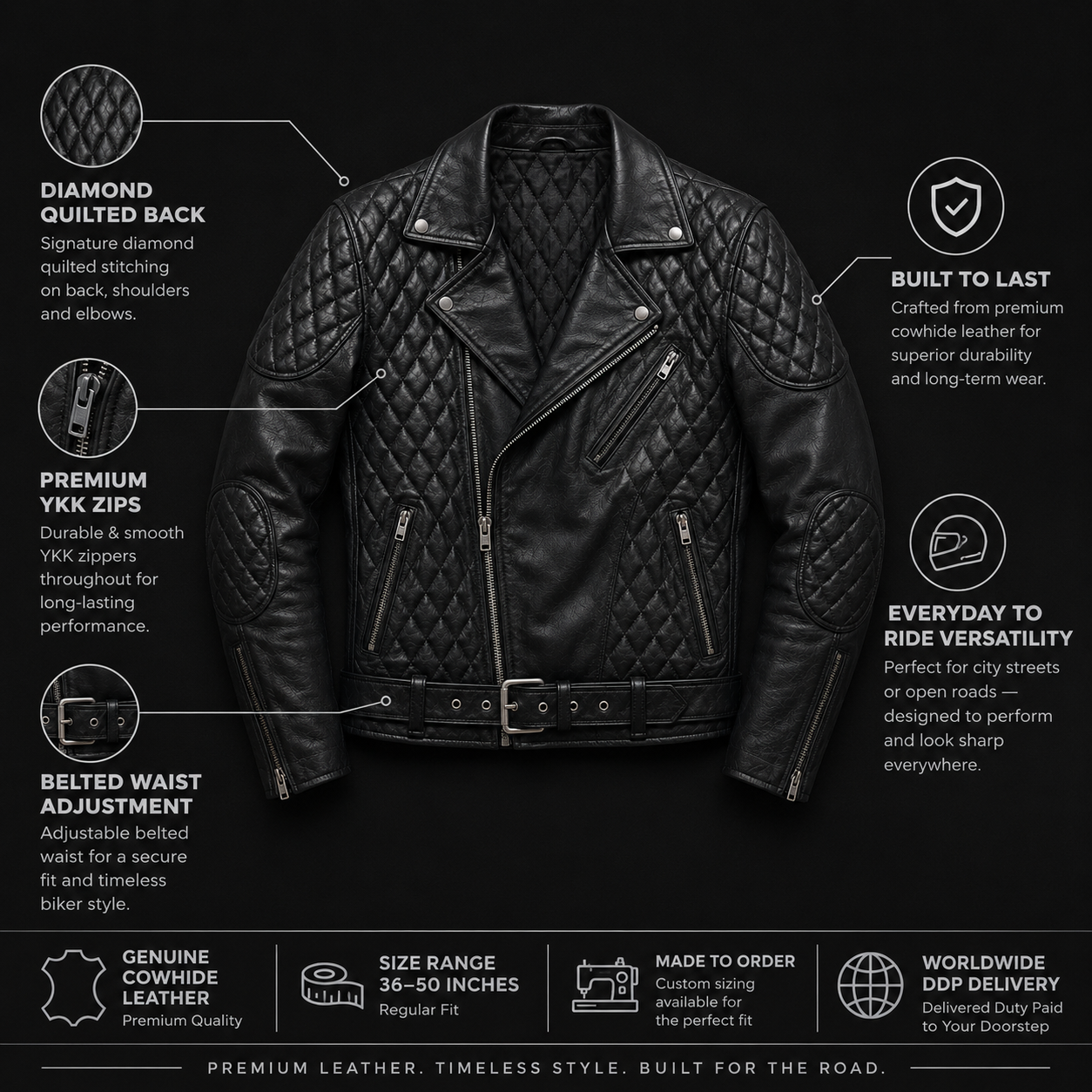 Quilted cowhide moto jacket flat lay showing diamond stitching and hardware detail"