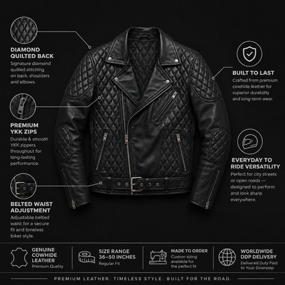 Quilted cowhide moto jacket flat lay showing diamond stitching and hardware detail"