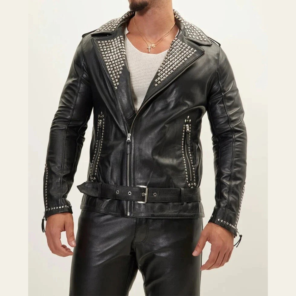 REAL COWHIDE LEATHER SILVER STUDDED BIKERS JACKET