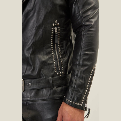 REAL COWHIDE LEATHER SILVER STUDDED BIKERS JACKET