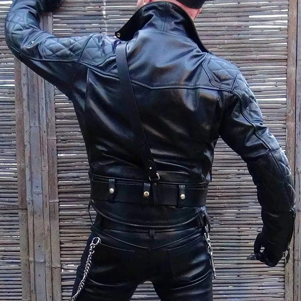 Men’s Brando Leather Biker Jacket with Quilted Panels & Side Laces