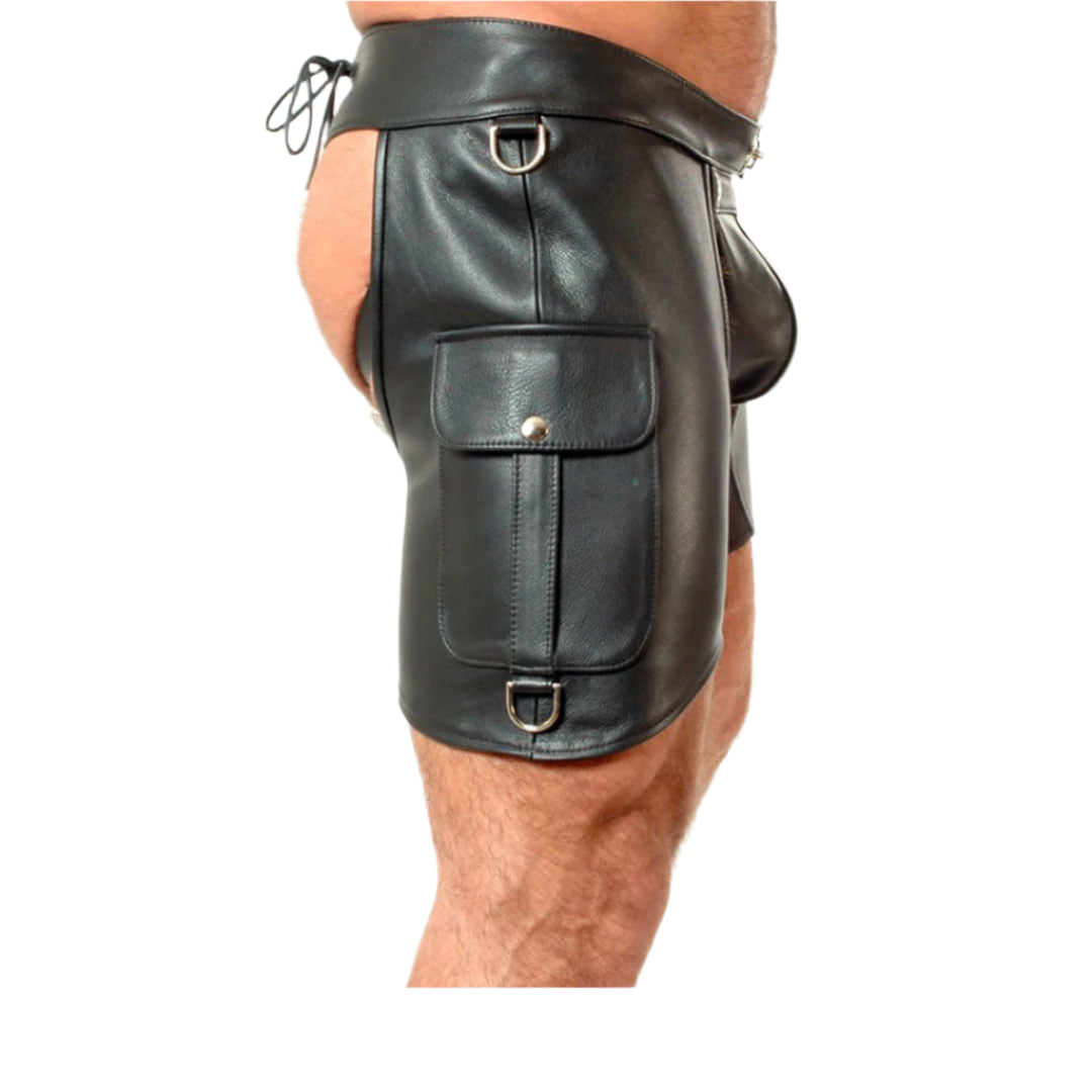 Men's Real Cowhide Black Leather Chaps with Jock Strap - Unique Style, Detachable Codpiece & Cargo Pockets