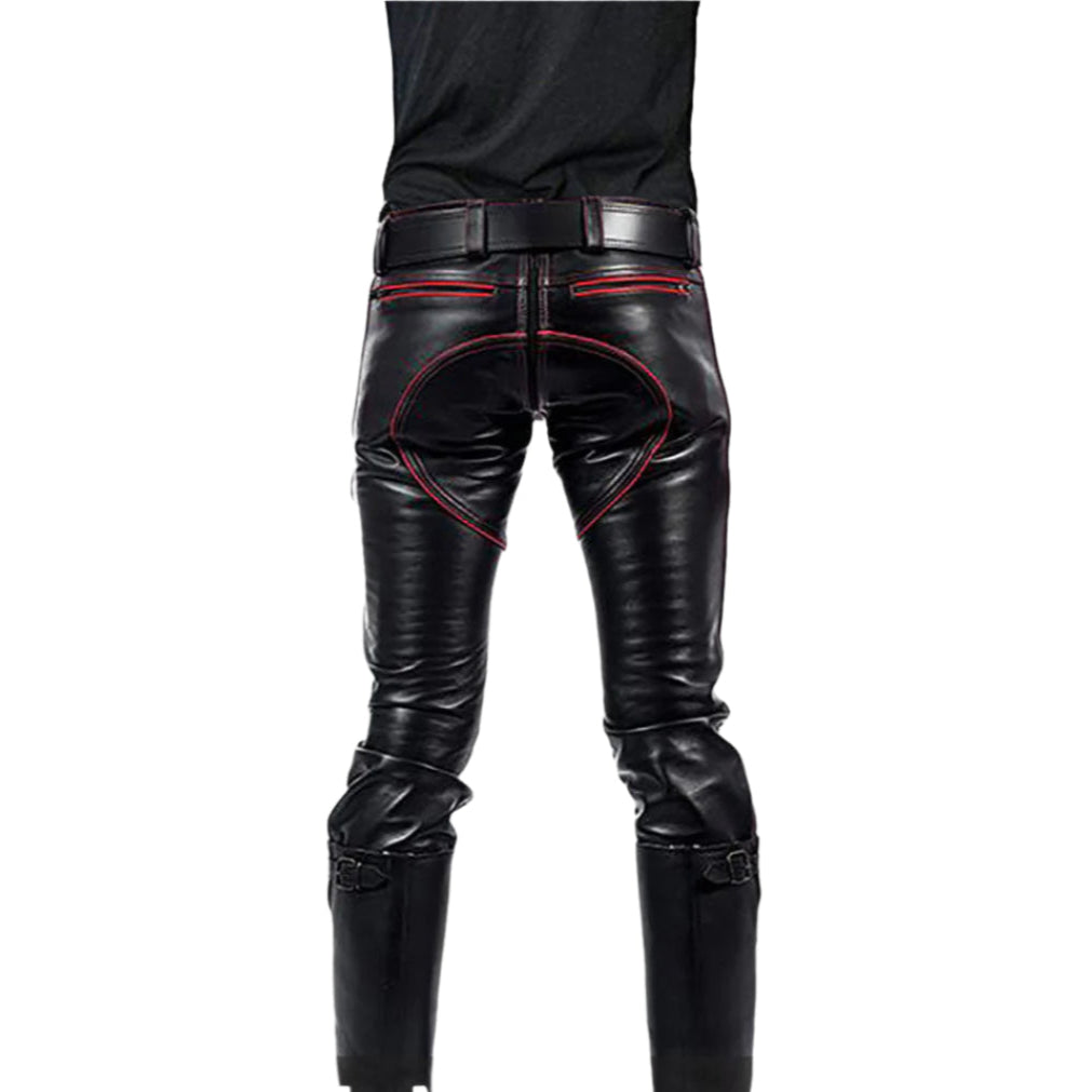 Men’s Real Cowhide Leather Biker Pants with Quilted Panels & Color Piping