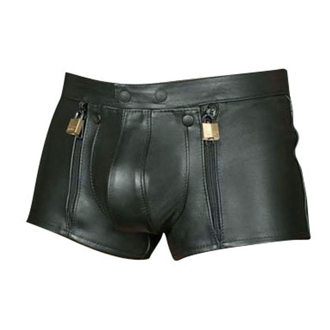 Real Cowhide Leather Locking Shorts | Chrome Hardware | Lockable Rear Zip | Structured Front Pouch | Fetish Clubwear | Free Padlocks