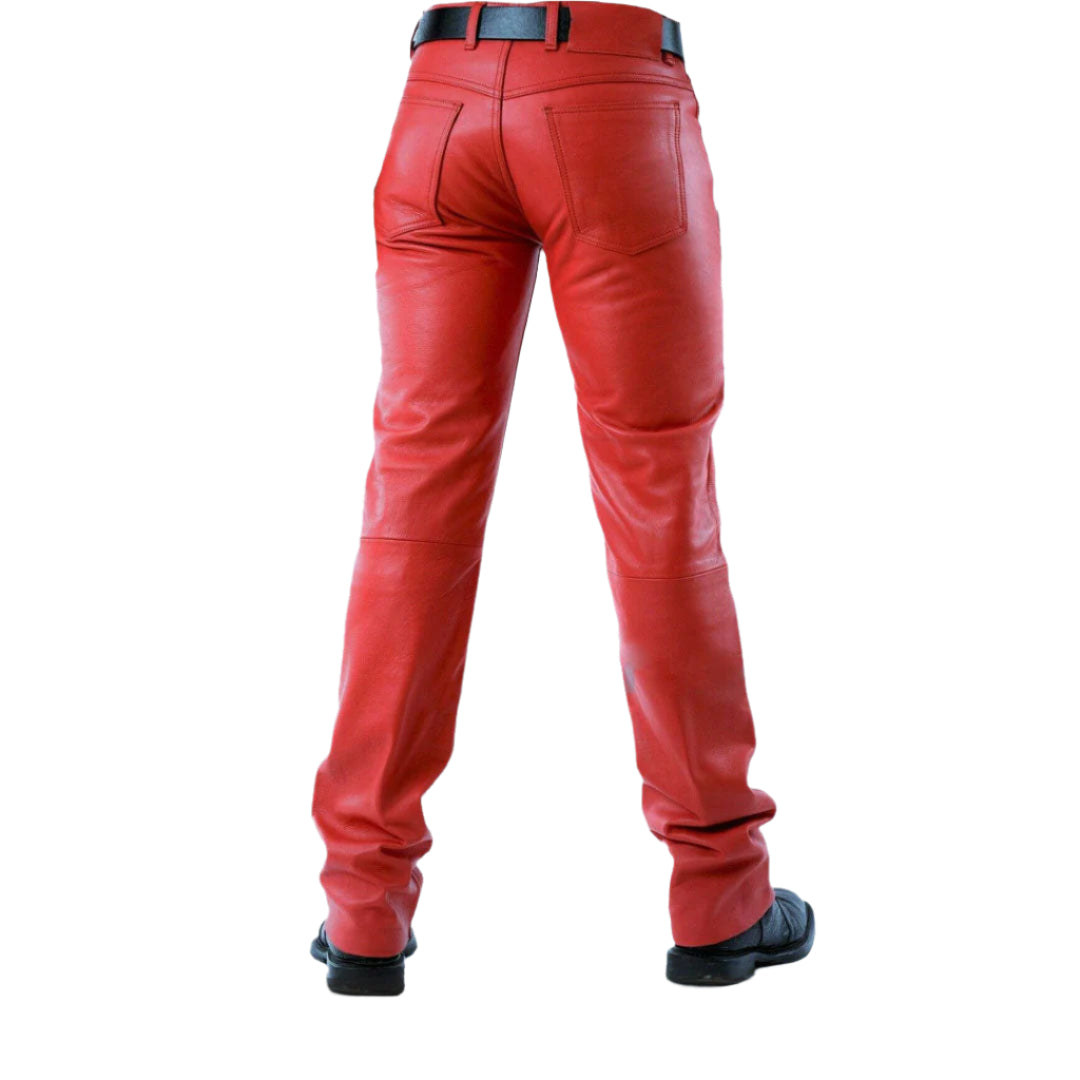 Men’s Red Leather Biker Pants – 5 Pocket Cowhide Jeans Style