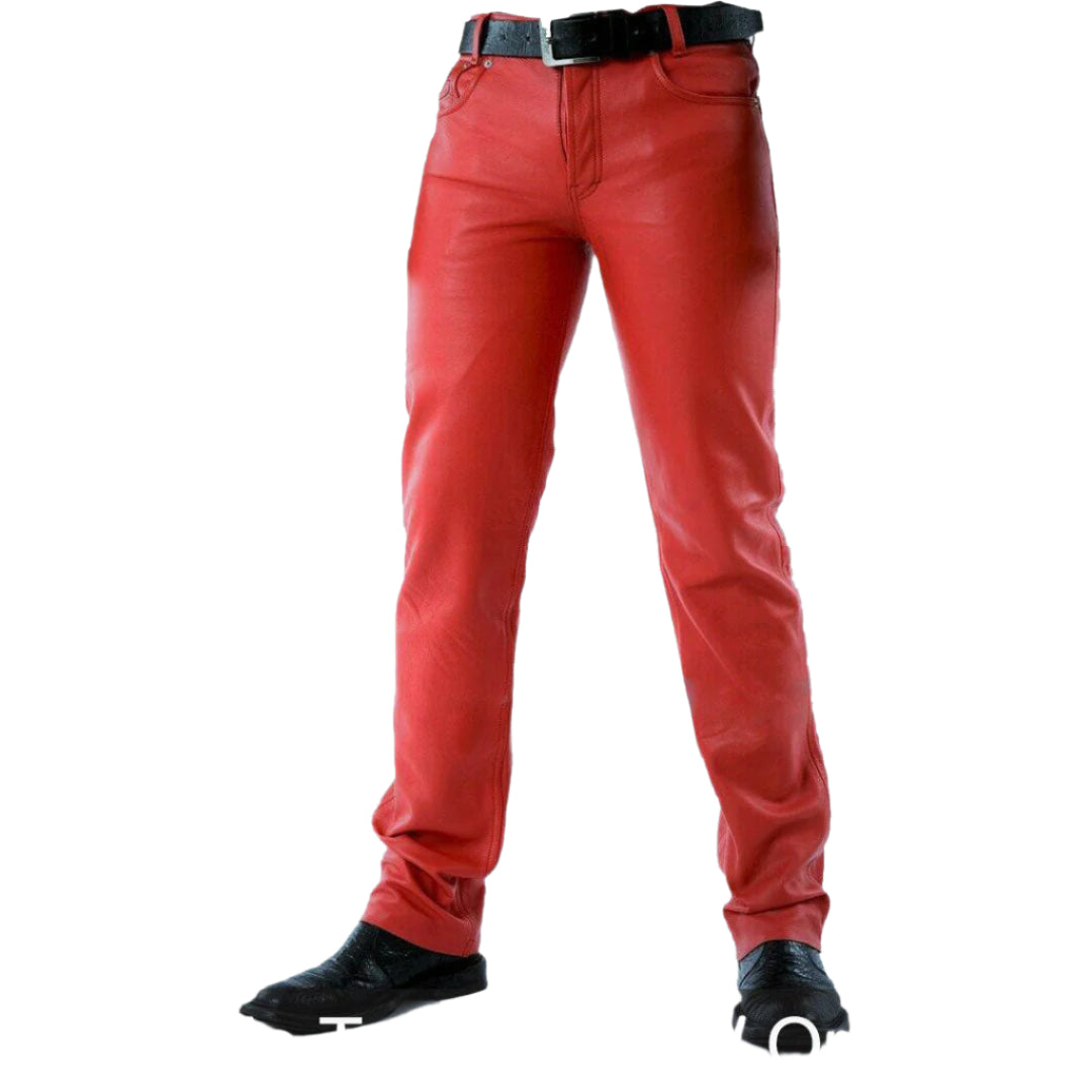 Men’s Red Leather Biker Pants – 5 Pocket Cowhide Jeans Style