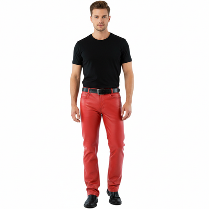 Men’s Red Leather Biker Pants – 5 Pocket Cowhide Jeans Style