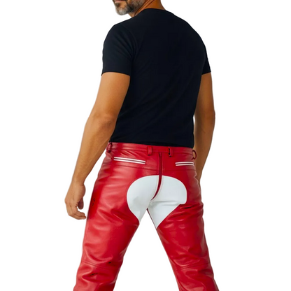 Men’s Red Slim Fit Leather Pants with Quilted Contrast BLUF Panels
