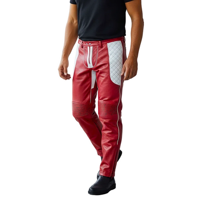 Men’s Red Slim Fit Leather Pants with Quilted Contrast BLUF Panels