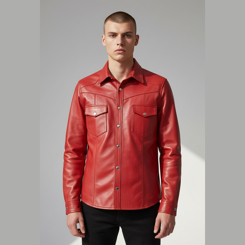 Men’s Slim Fit Lambskin Leather Button-Up Shirt in Multiple Colors