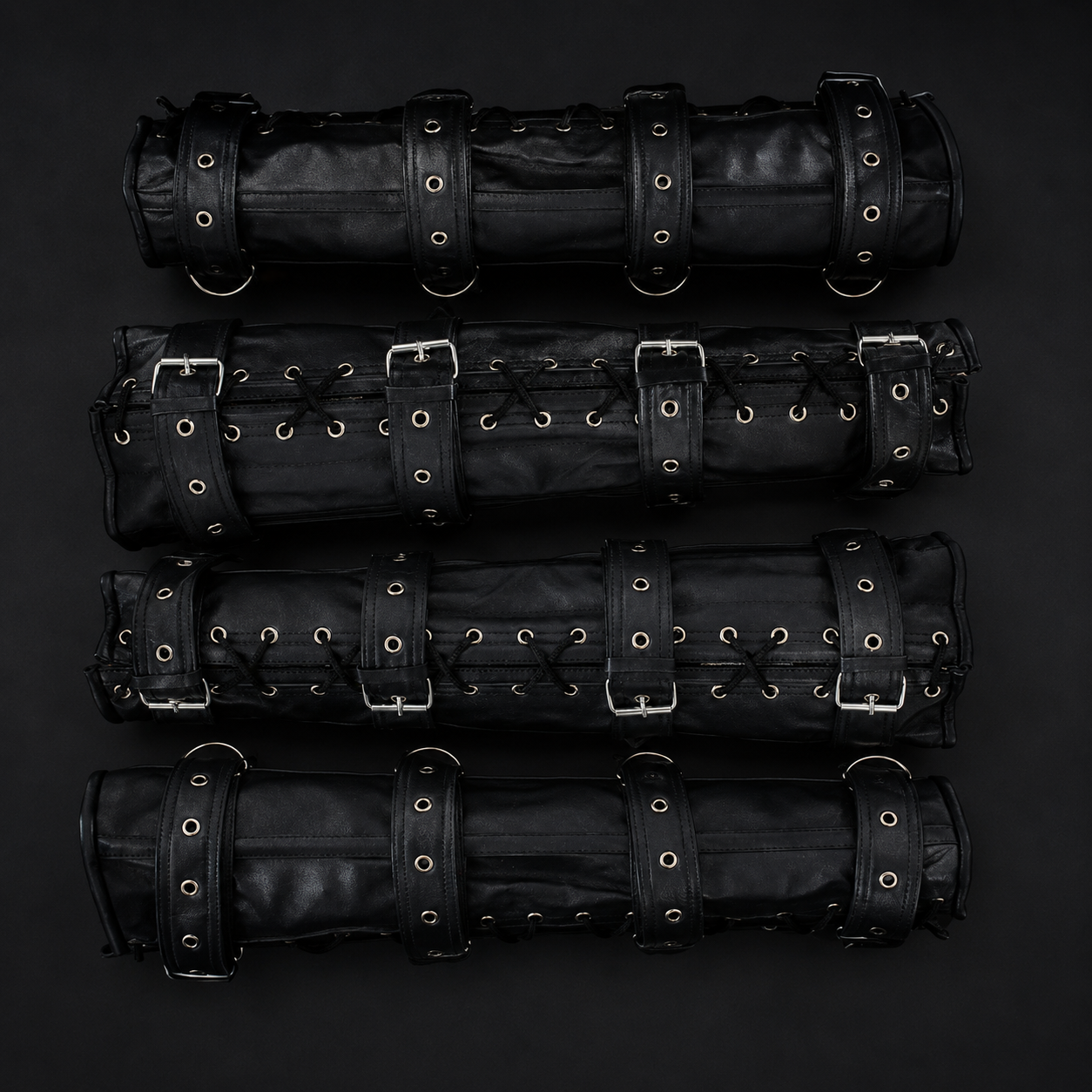 Set of four genuine cowhide leather arm and leg binders with steel boning and nickel D-rings.