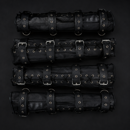 Set of four genuine cowhide leather arm and leg binders with steel boning and nickel D-rings.