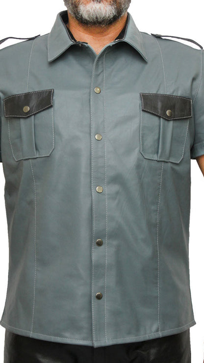 Men’s Real Leather Police Uniform Shirt Short Sleeve Gray With Black Leather Shirt