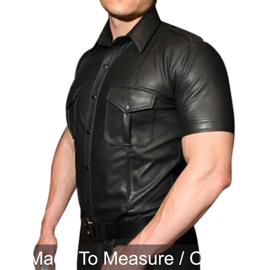 Men’s Lambskin Leather Police Shirt – Short Sleeve Clubwear