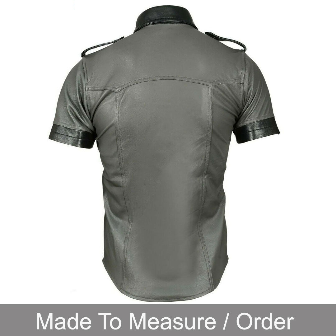 Men’s Real Leather Police Shirt – Short Sleeve BLUF Style with Contrast Trims