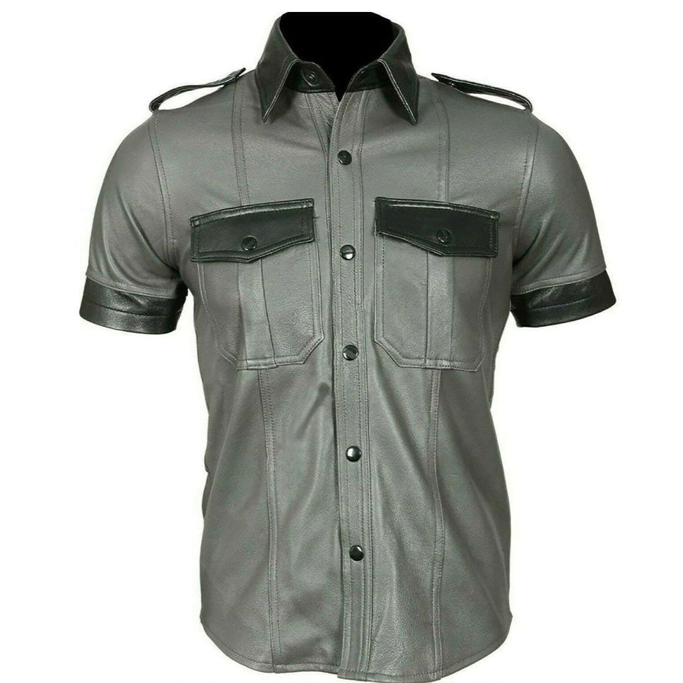 Men’s Real Leather Short Sleeve Police Shirt with Contrast Trims – BLUF Style