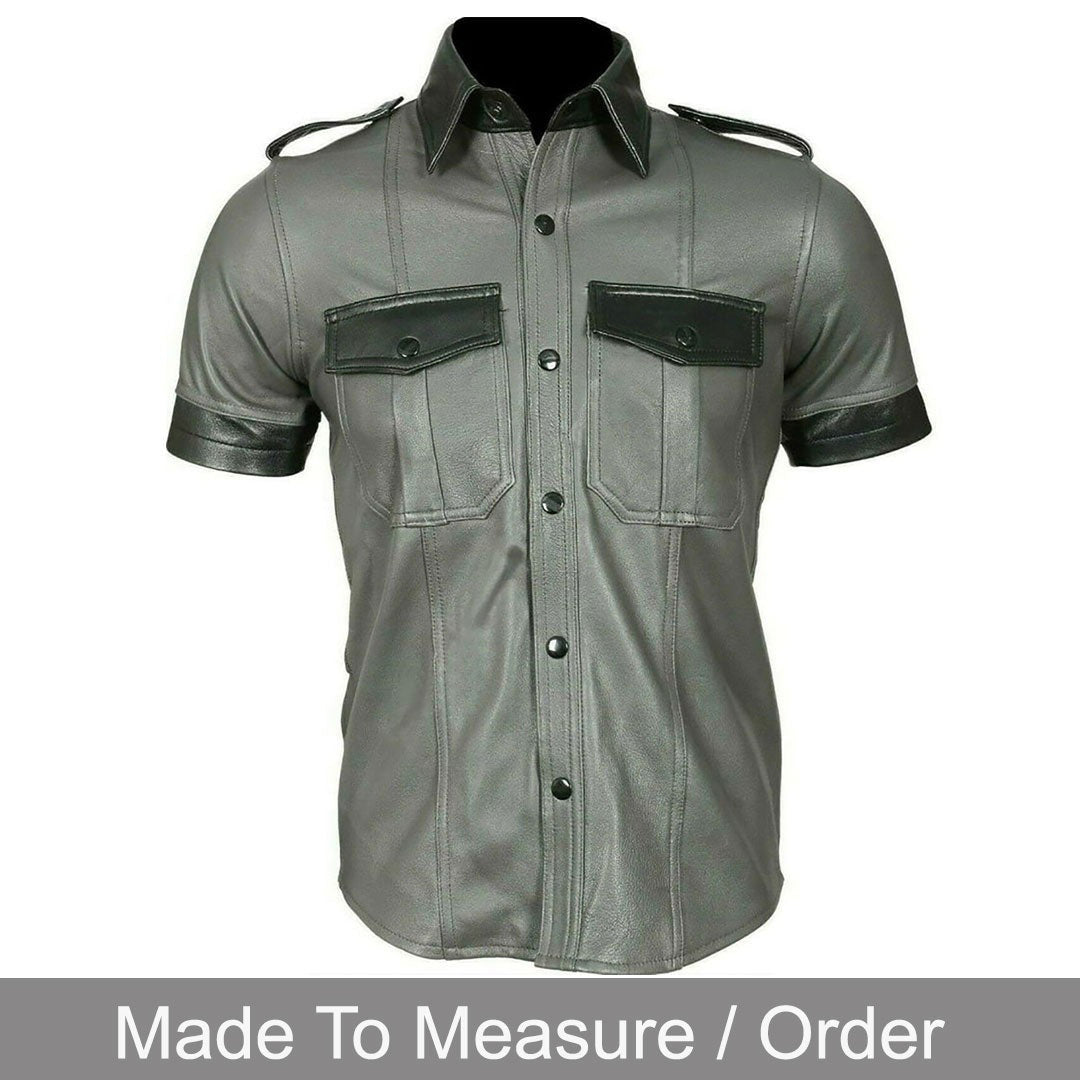 Men’s Real Leather Police Shirt – Short Sleeve BLUF Style with Contrast Trims