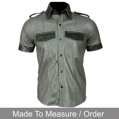 Men’s Real Leather Police Shirt – Short Sleeve BLUF Style with Contrast Trims