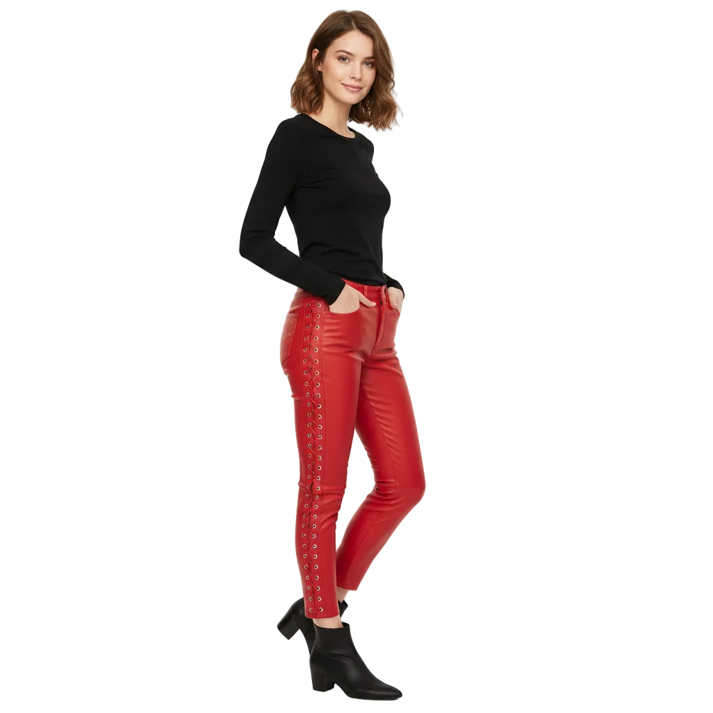 Women's Red Leather Slim Fit Pants with Side Lace-Up Detail