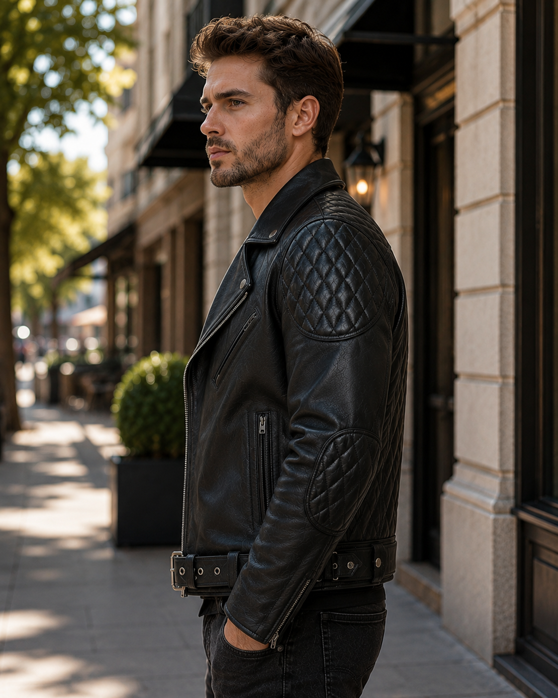 Side profile of a quilted cowhide moto jacket highlighting the belted waist and quilted elbow panel