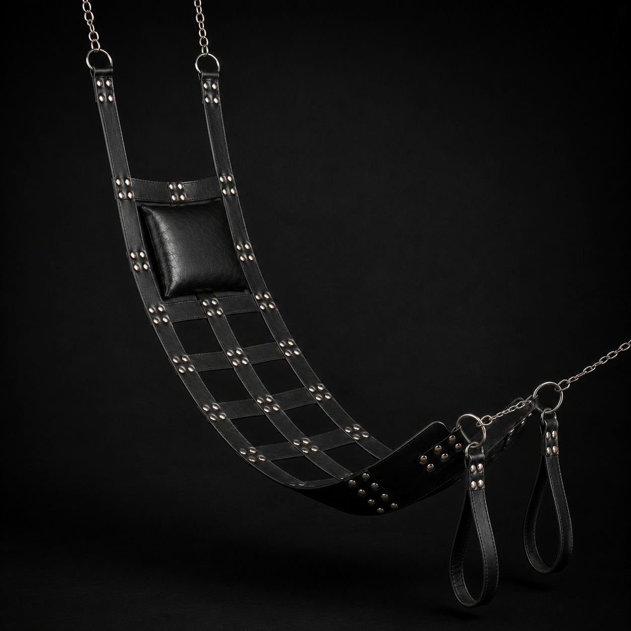 Side profile of the chrome leather swing showing headrest drop, seat panel, and adjustable wrist loop straps
