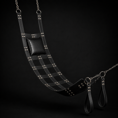 Side profile of the chrome leather swing showing headrest drop, seat panel, and adjustable wrist loop straps
