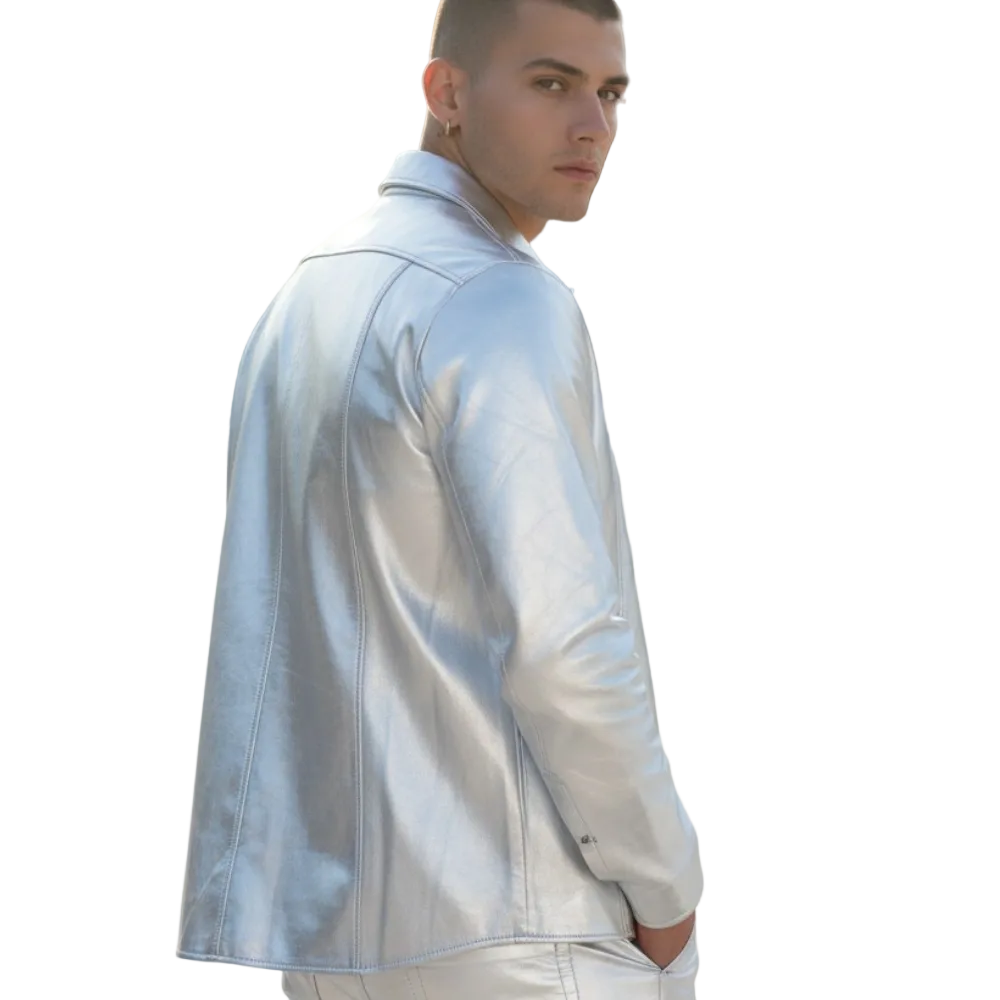 Men’s Metallic Shiny Silver Lamb Leather Shirt – Premium Style