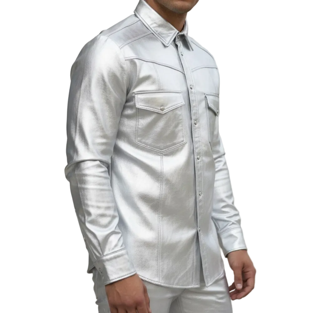 Men’s Metallic Shiny Silver Lamb Leather Shirt – Premium Style