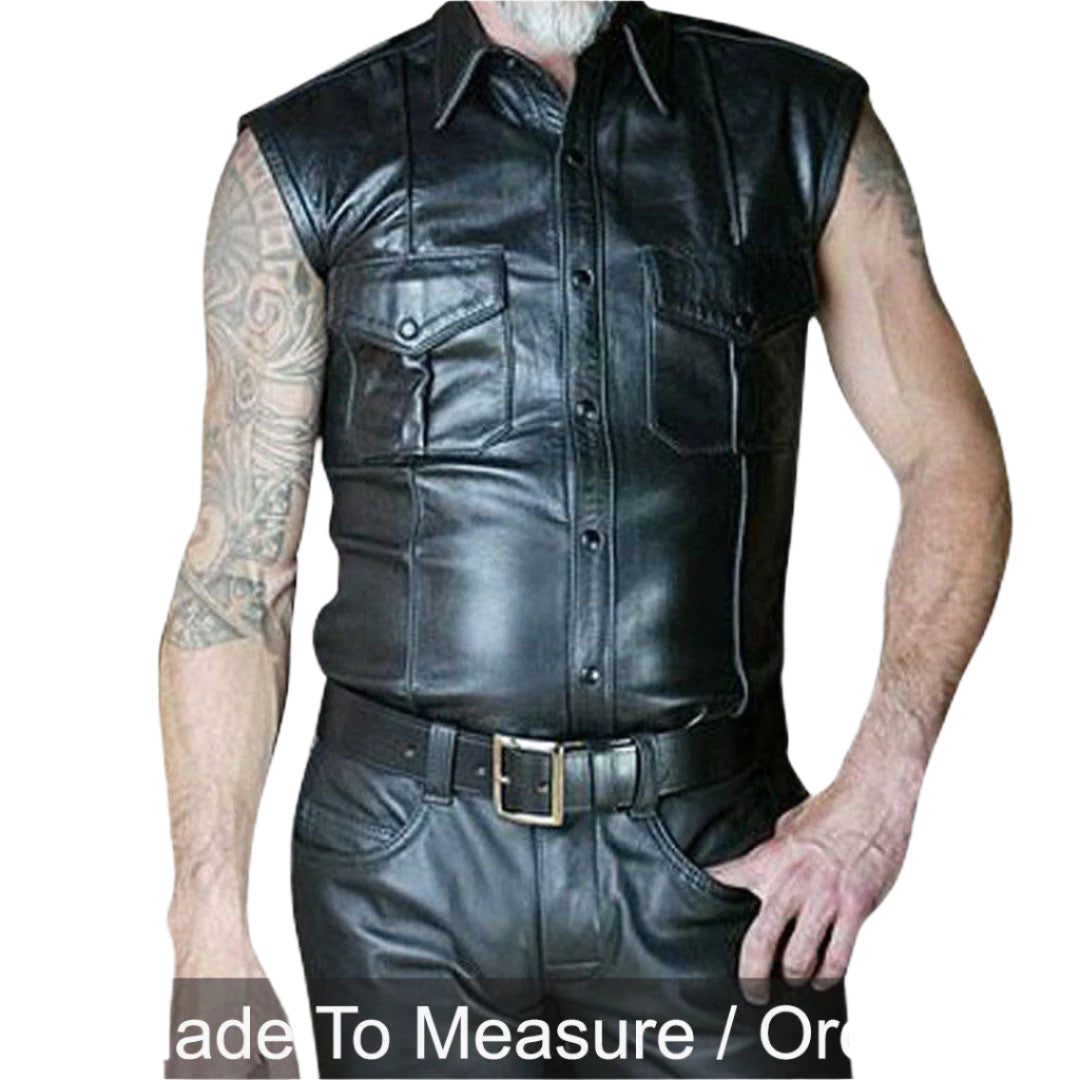 Men’s Sleeveless Leather Police Shirt – Lambskin BLUF Clubwear Top